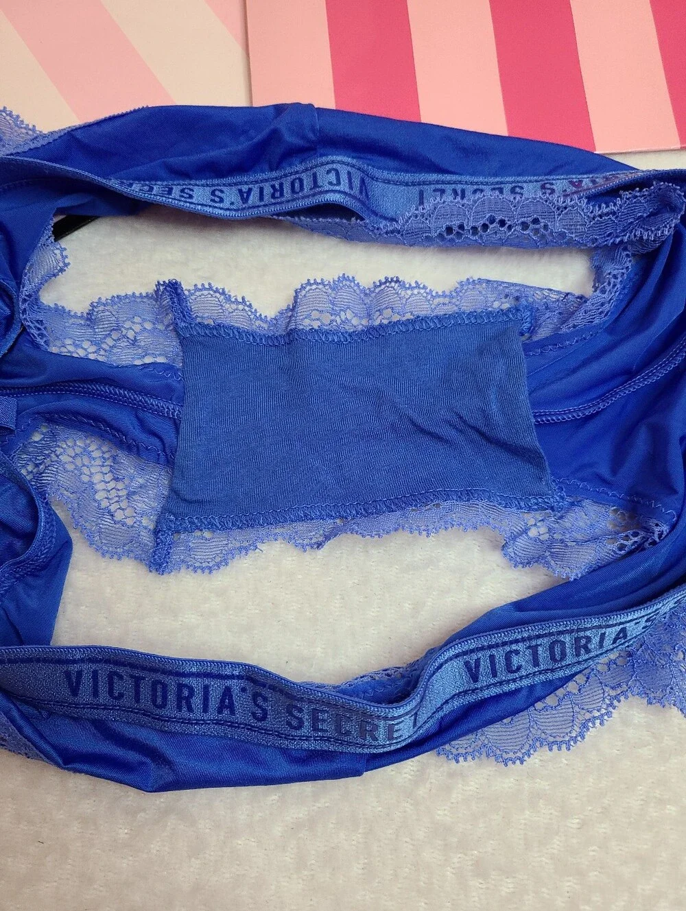 Retired Victoria's Secret Silky Satin Lace Logo Band Cut-out Cheeky Panty Sz M